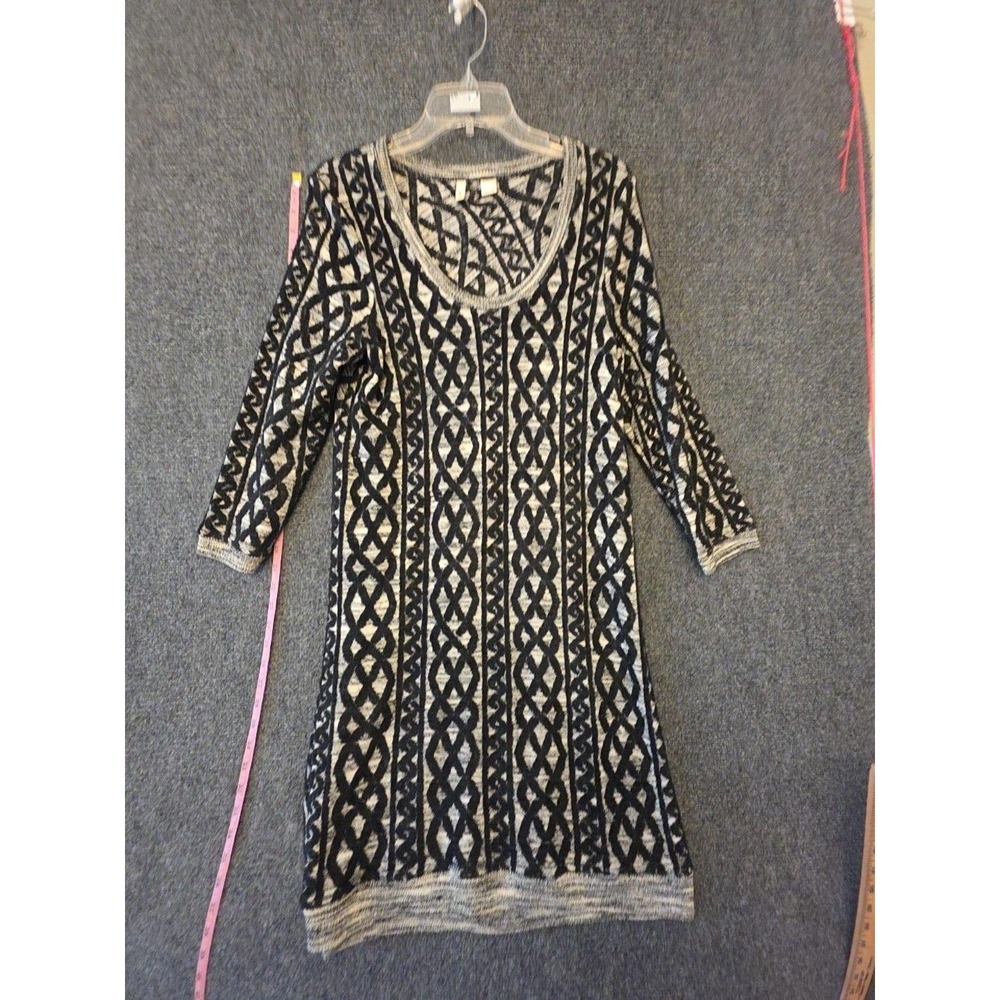 MOTH Sweater Dress Womens S Black Geometric Scoop Neck 3/4 Sleeve Knit Stretch